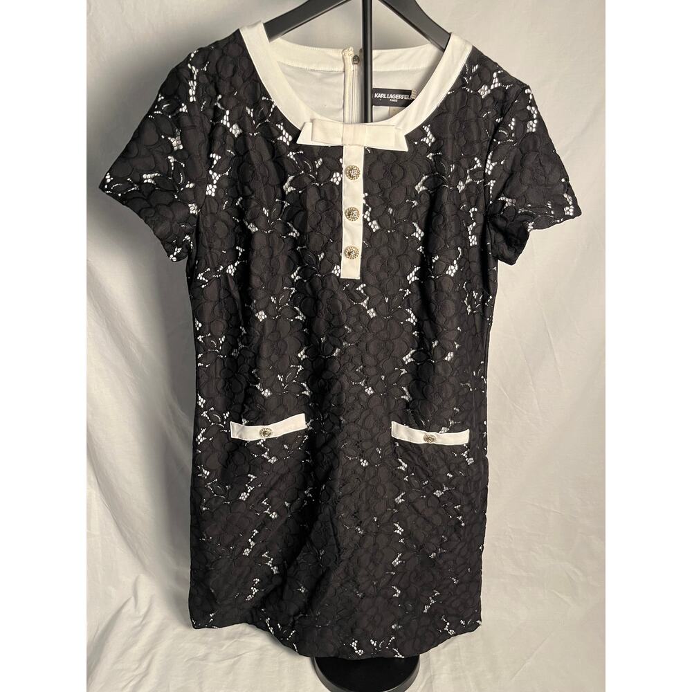 Karl Lagerfeld Paris Black Lace Shift Dress Bow Detail Size 14